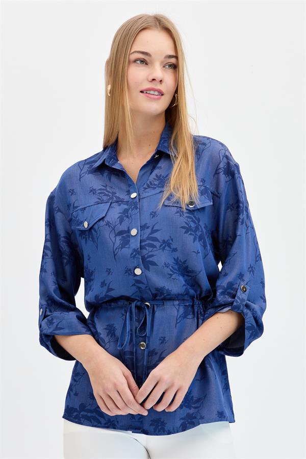 Женская рубашка с узором в виде листьев и шнуровкой на талии, темно-синяя