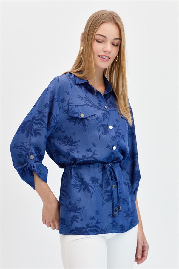 Женская рубашка с узором в виде листьев и шнуровкой на талии, темно-синяя