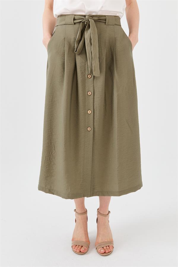 Женская юбка с поясом на пуговицах спереди хаки