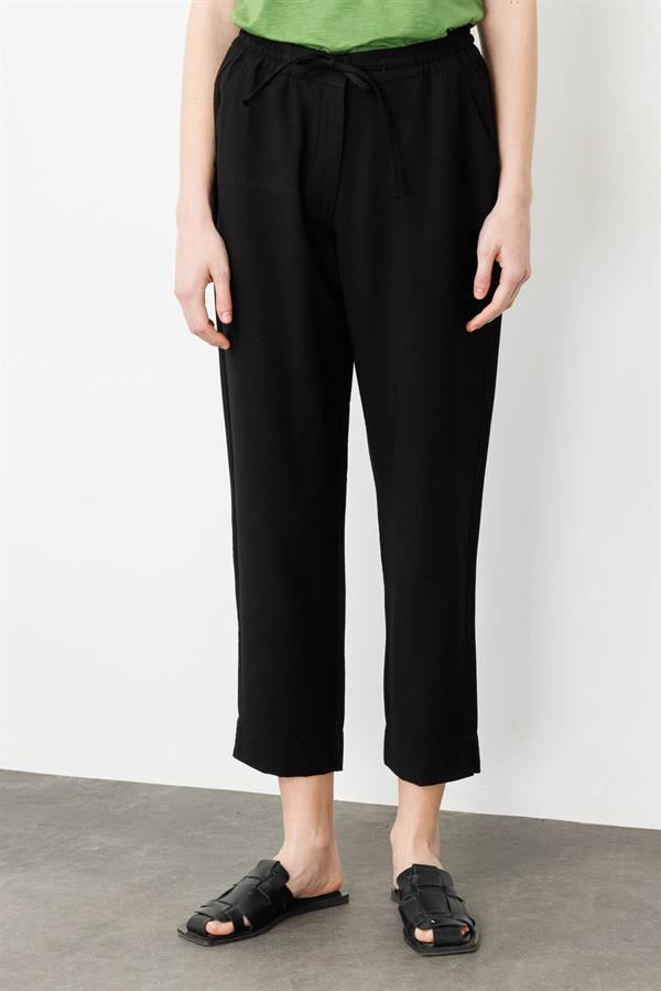 Kadın Beli Lastikli Keten Pantolon Siyah