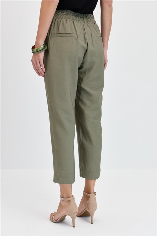 Kadın Beli Lastikli Yan Cepli Havuç Kesim Keten Pantolon Haki