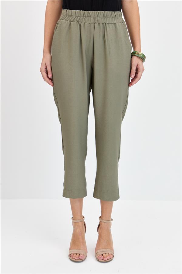 Kadın Beli Lastikli Yan Cepli Havuç Kesim Keten Pantolon Haki