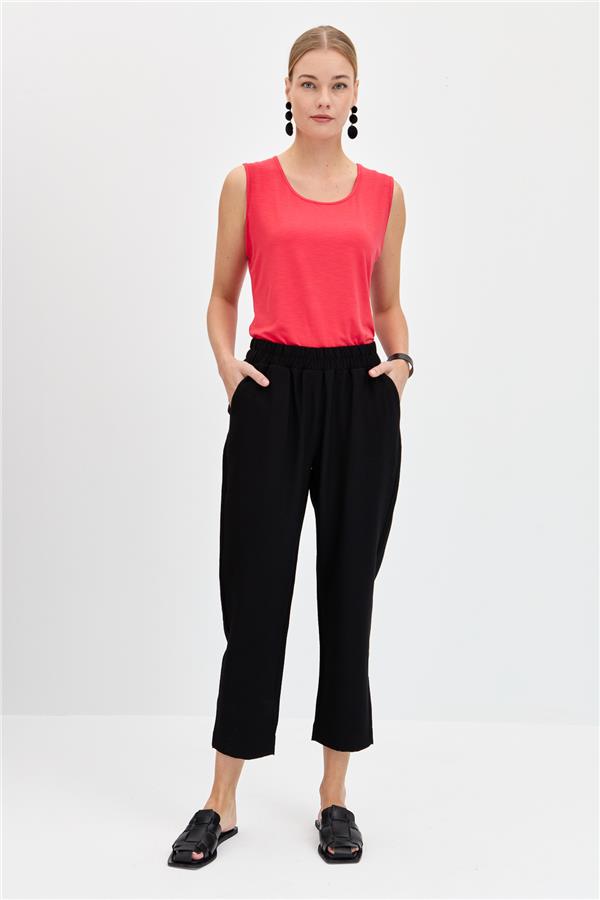 Kadın Beli Lastikli Yan Cepli Havuç Kesim Keten Pantolon Siyah