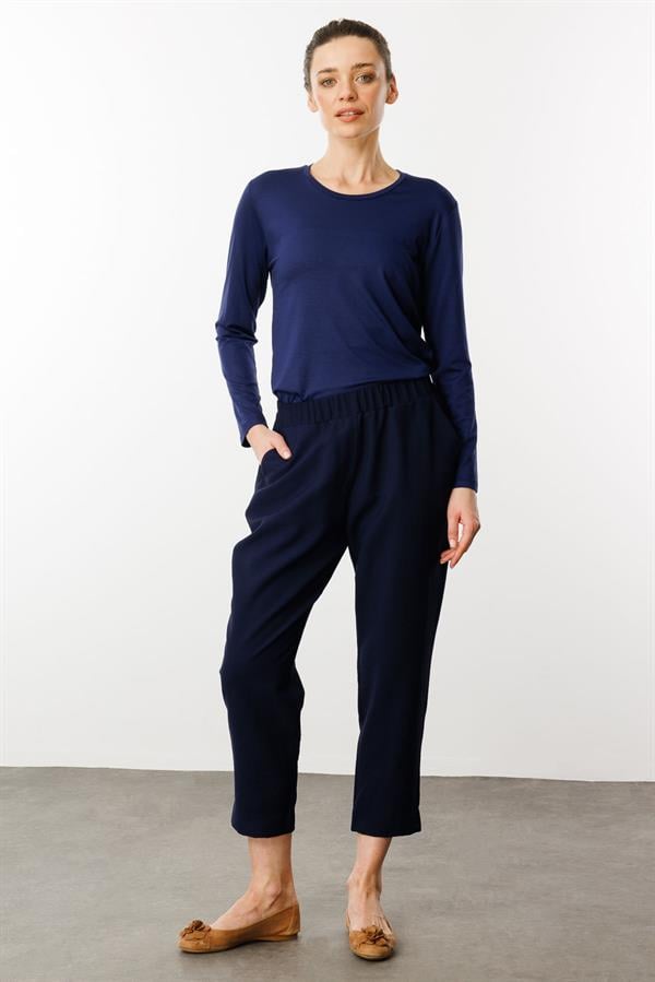 Kadın Beli Lastikli Yan Cepli Havuç Kesim Keten Pantolon Lacivert