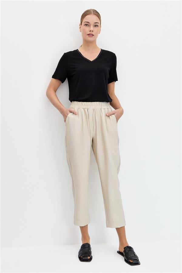 Kadın Beli Lastikli Yan Cepli Havuç Kesim Keten Pantolon Bej