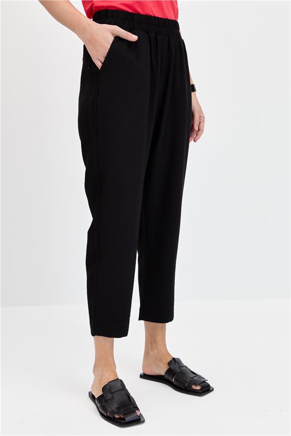 Kadın Beli Lastikli Yan Cepli Havuç Kesim Keten Pantolon Siyah
