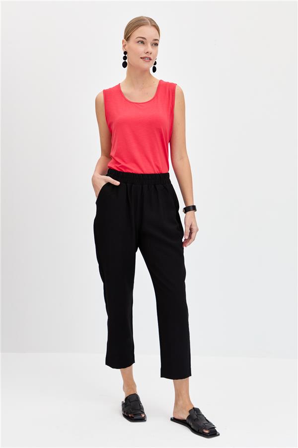 Kadın Beli Lastikli Yan Cepli Havuç Kesim Keten Pantolon Siyah