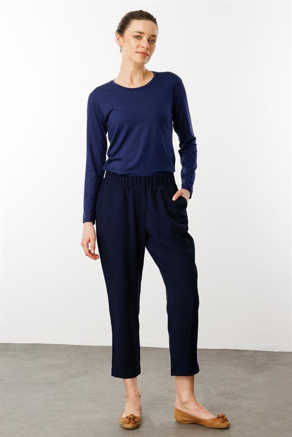Kadın Beli Lastikli Yan Cepli Havuç Kesim Keten Pantolon Lacivert