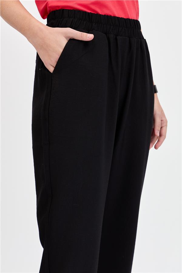Kadın Beli Lastikli Yan Cepli Havuç Kesim Keten Pantolon Siyah