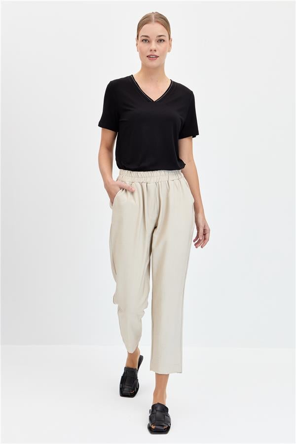 Kadın Beli Lastikli Yan Cepli Havuç Kesim Keten Pantolon Bej