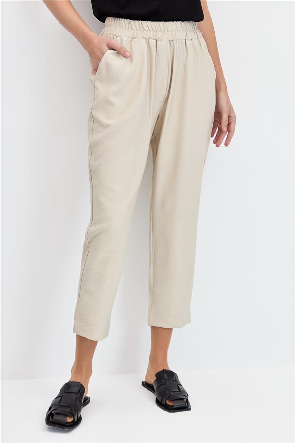 Kadın Beli Lastikli Yan Cepli Havuç Kesim Keten Pantolon Bej