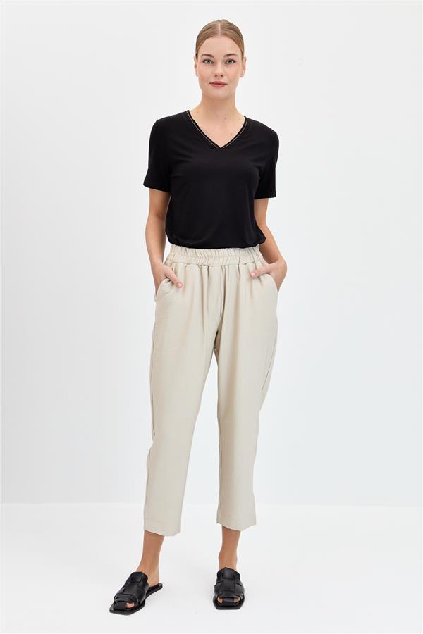 Kadın Beli Lastikli Yan Cepli Havuç Kesim Keten Pantolon Bej