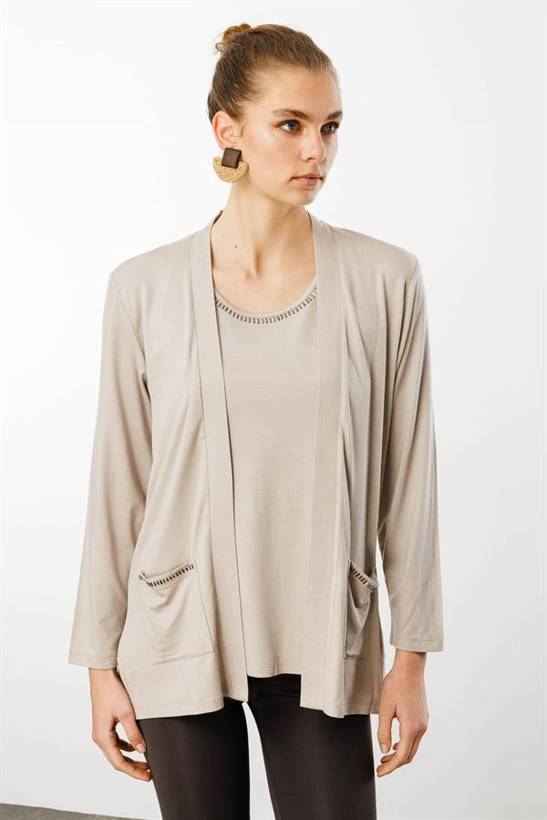 Kadın Cepleri Taşlı Yazlık Hırka Bej