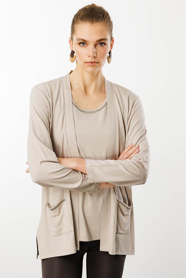 Kadın Cepleri Taşlı Yazlık Hırka Bej
