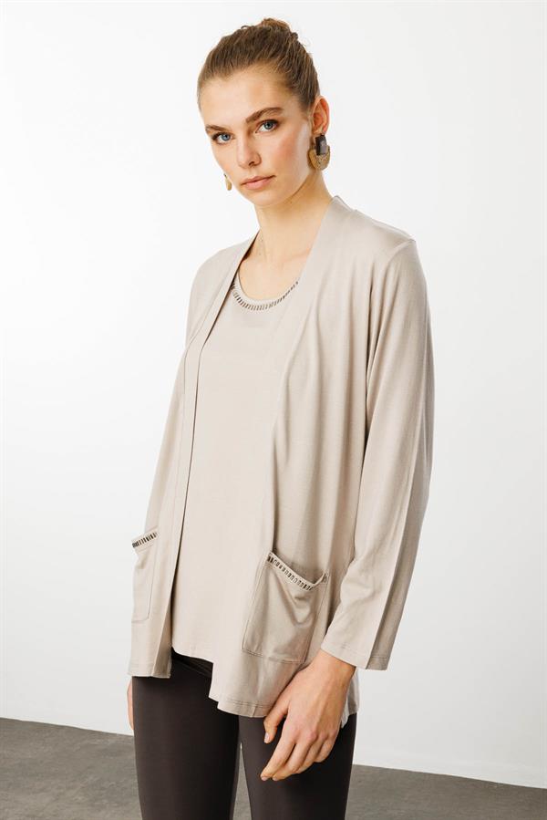 Kadın Cepleri Taşlı Yazlık Hırka Bej