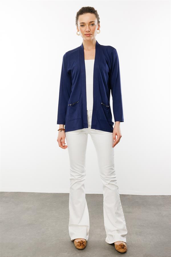 Kadın Cepleri Taşlı Yazlık Hırka Lacivert