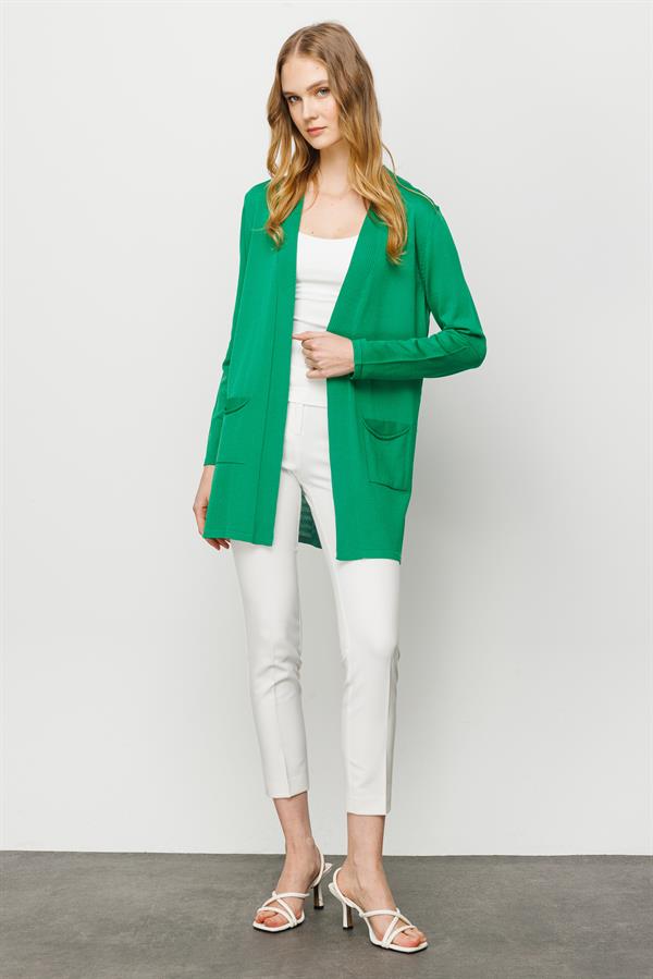 Женский летний удлиненный жакет с карманами и рисунком на спине темно зеленый 