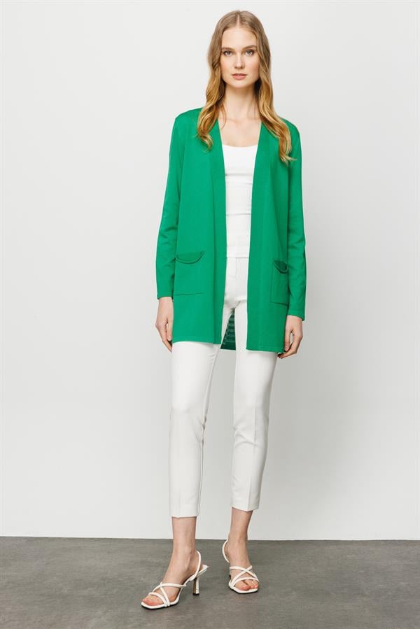 Женский летний удлиненный жакет с карманами и рисунком на спине темно зеленый 