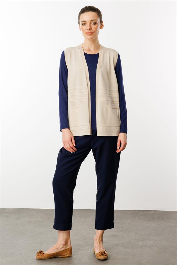 Kadın Cepli Yazlık Triko Yelek Bej