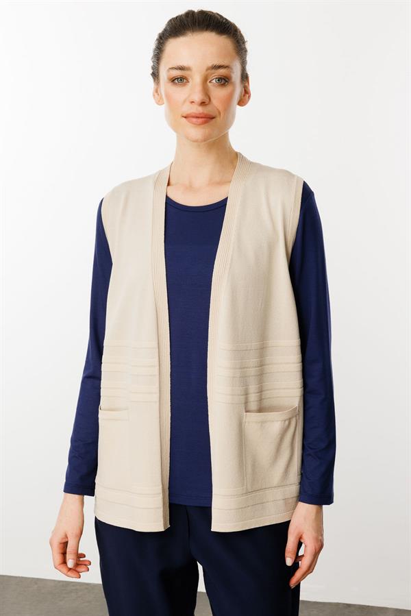 Kadın Cepli Yazlık Triko Yelek Bej