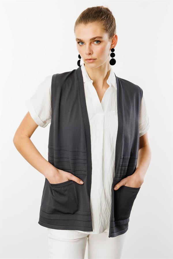 Kadın Cepli Yazlık Triko Yelek Gri