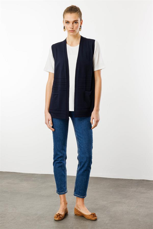 Kadın Cepli Yazlık Triko Yelek Lacivert