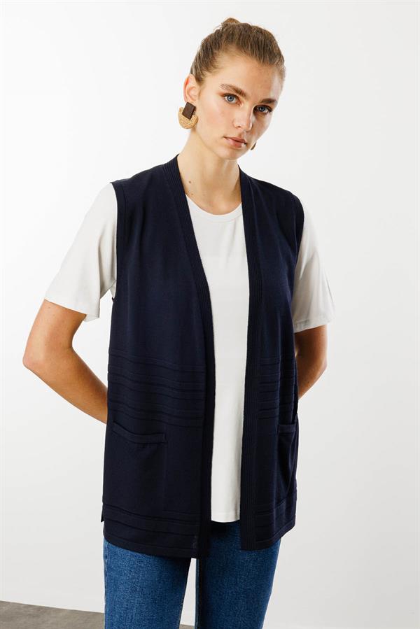 Kadın Cepli Yazlık Triko Yelek Lacivert