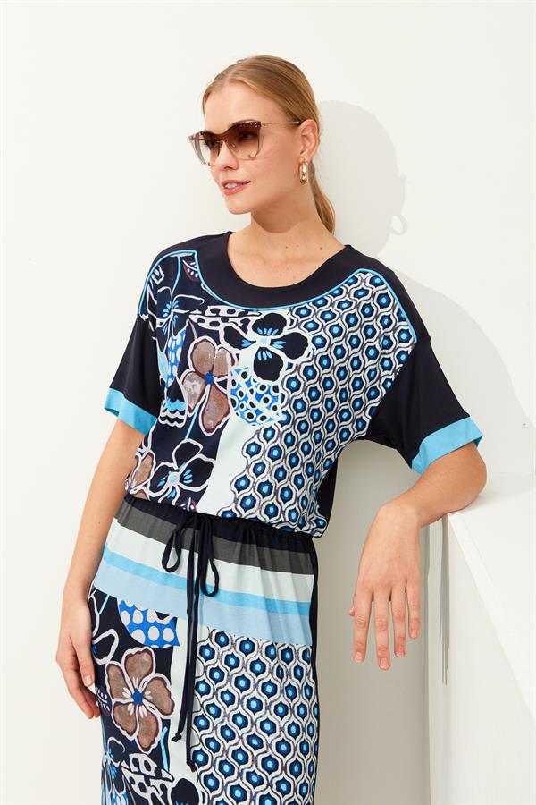 Женское хлопковое платье с рисунком и разрезом темно синее