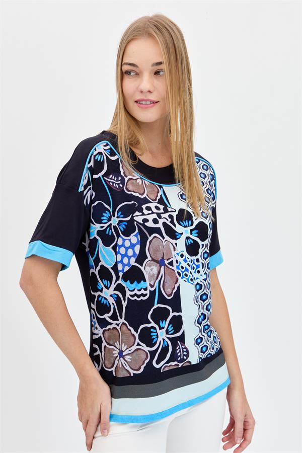 Kadın Çiçek Desenli Penye T-shirt Lacivert