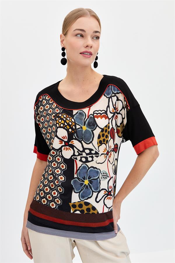 Womens Flower Patterned Jersey T-shirt Black
