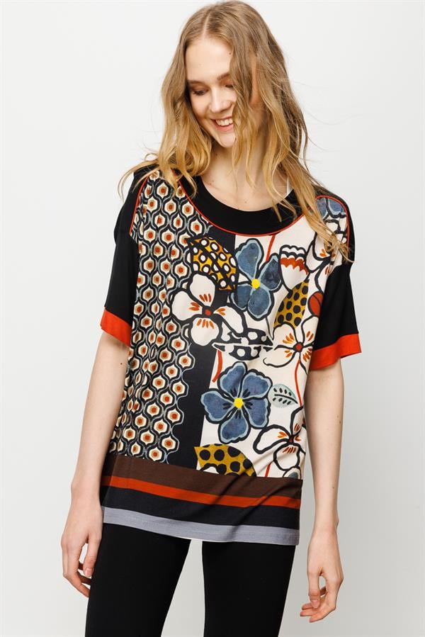 Womens Flower Patterned Jersey T-shirt Black