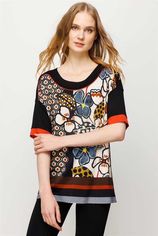 Womens Flower Patterned Jersey T-shirt Black