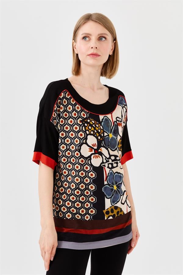 Womens Flower Patterned Jersey T-shirt Black