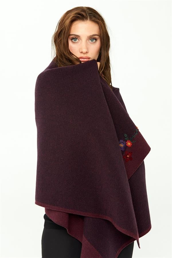 Womens Flower Embroidered Knit Shawl Damson Color