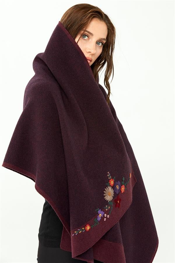 Womens Flower Embroidered Knit Shawl Damson Color