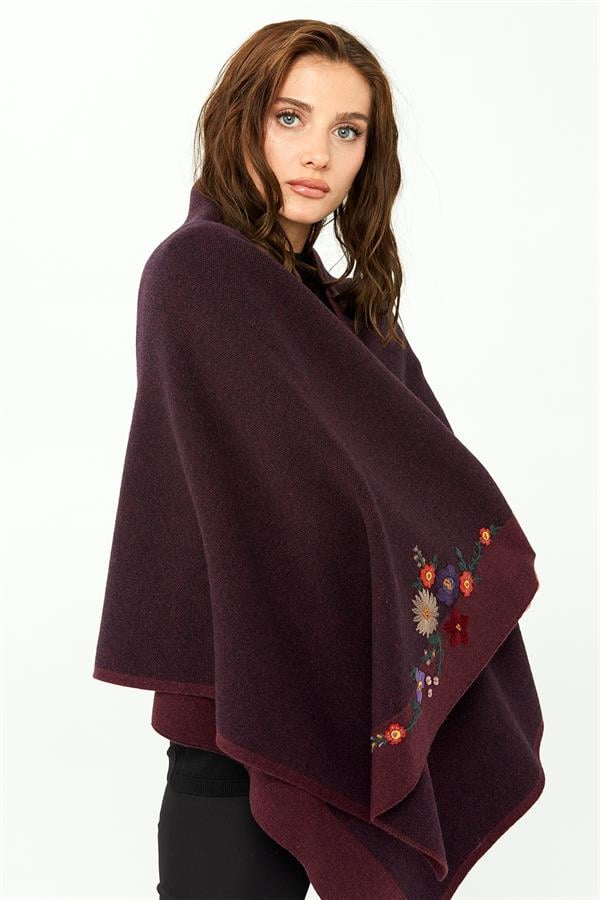 Womens Flower Embroidered Knit Shawl Damson Color