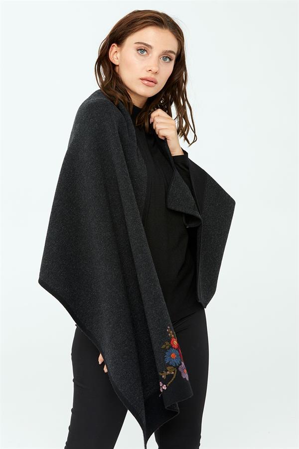 Женская трикотажная шаль с цветочной вышивкой черная 