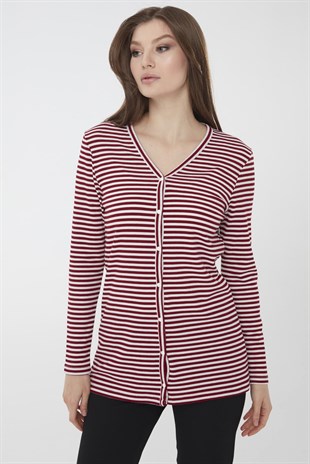 Женский хлопковый кардиган в полоску красного цвета