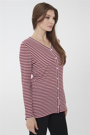 Женский хлопковый кардиган в полоску красного цвета