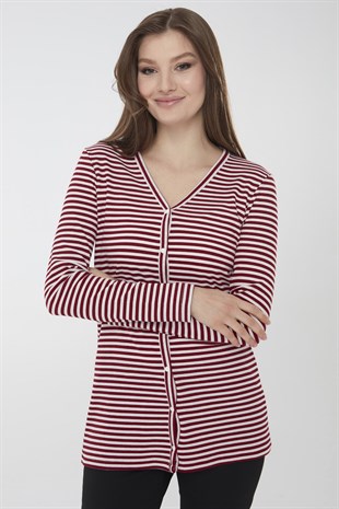 Женский хлопковый кардиган в полоску красного цвета