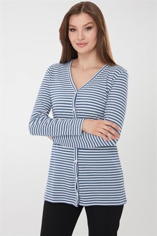 Женский хлопковый кардиган в полоску голубого цвета