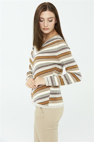 Женский шерстяной свитер с v-образным вырезом бежевый