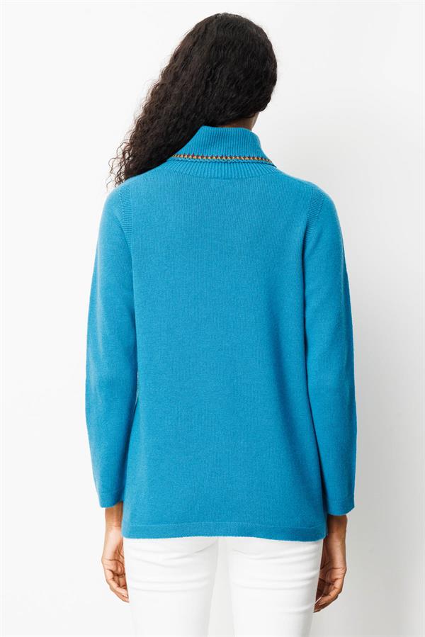 Kadın Degaje Yaka Cebi ve Yakası Tığlamalı Yün Kazak A.Petrol