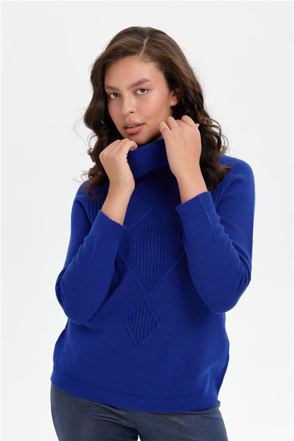 Kadın Degaje Yaka Dikişsiz Önü Selanik Yün Kazak K.S.Mavi