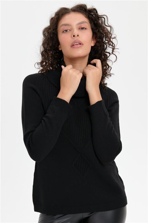 Kadın Degaje Yaka Dikişsiz Önü Selanik Yün Kazak Siyah