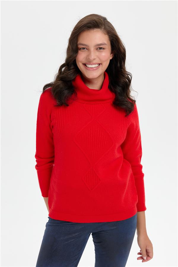 Kadın Degaje Yaka Dikişsiz Önü Selanik Yün Kazak Mercan