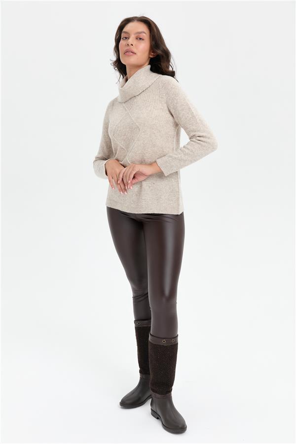 Kadın Degaje Yaka Dikişsiz Önü Selanik Yün Kazak V.Bej