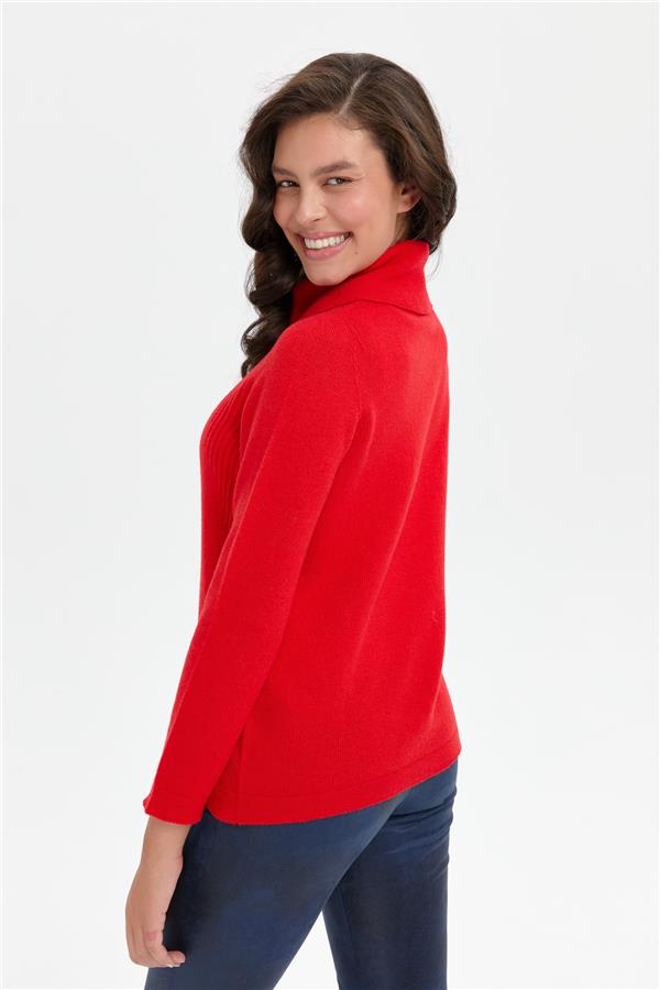 Kadın Degaje Yaka Dikişsiz Önü Selanik Yün Kazak Mercan