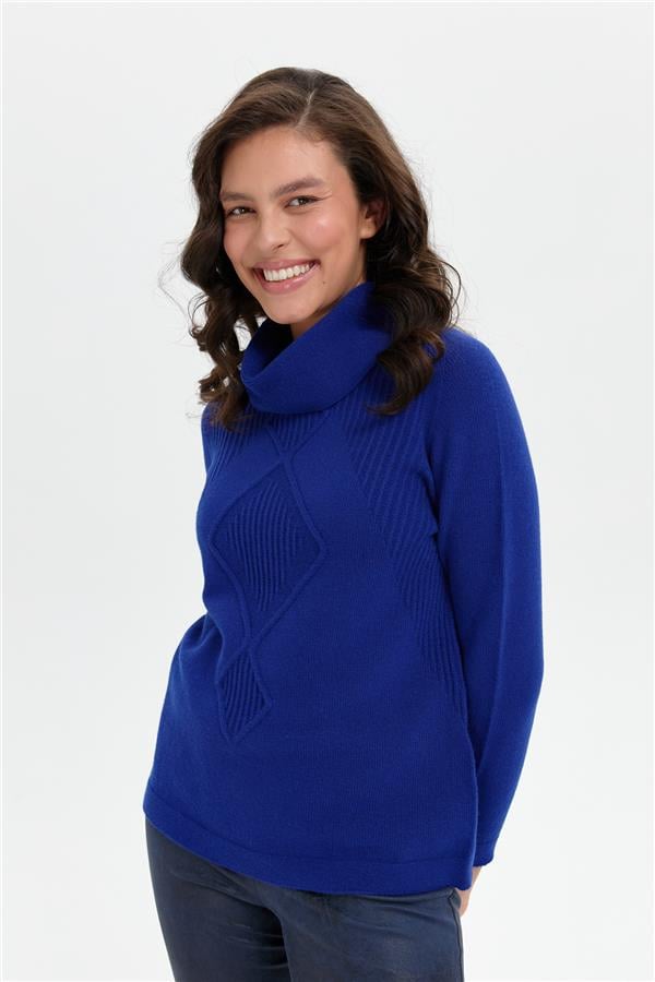 Kadın Degaje Yaka Dikişsiz Önü Selanik Yün Kazak K.S.Mavi