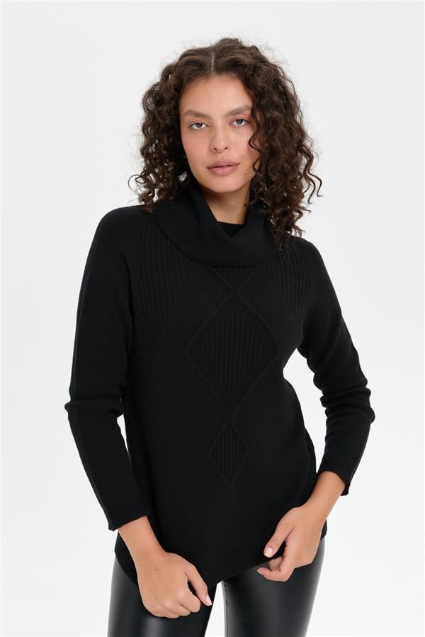 Kadın Degaje Yaka Dikişsiz Önü Selanik Yün Kazak Siyah